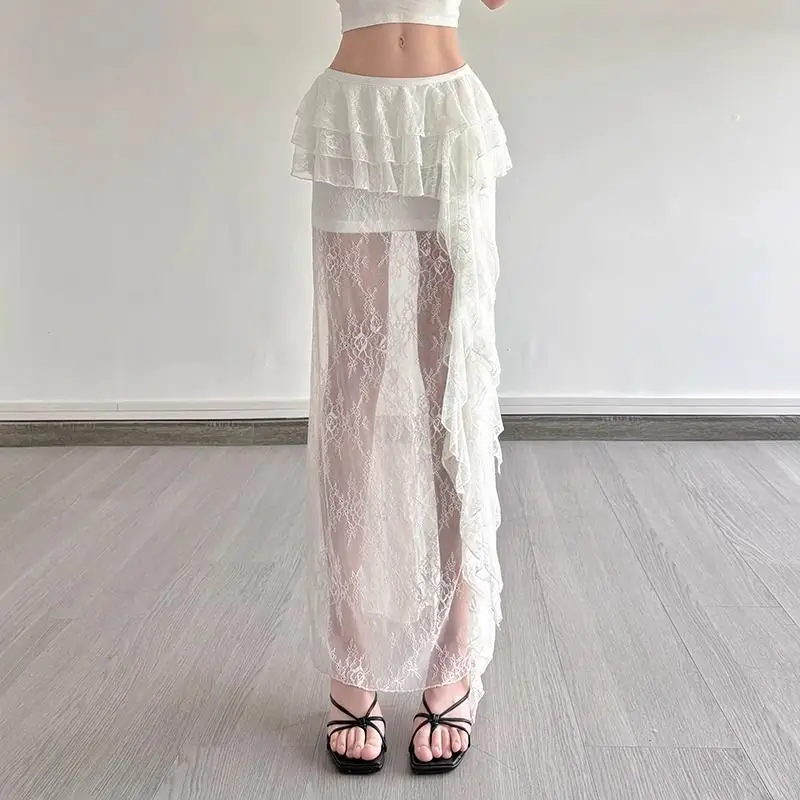 Y2K Clothes 2000s Ruffles Patchwork Cutouts Lace Skirts Irregular High-waisted Girly Cake Long Skirt Harajuku White Skirt Sweet
