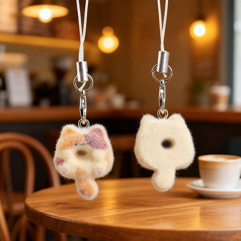 Flocked Kitten Donut Keychain for Women Cute Cartoon Food Charm Phone Lanyard Bag Pendant Keychains Couples Gift Accessories