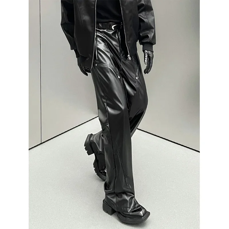 

New 2024 Spring Fall Vintage Faux Leather Pants For Women And Men Unisex Fashion Zipper design Loose Wide Leg Trousers