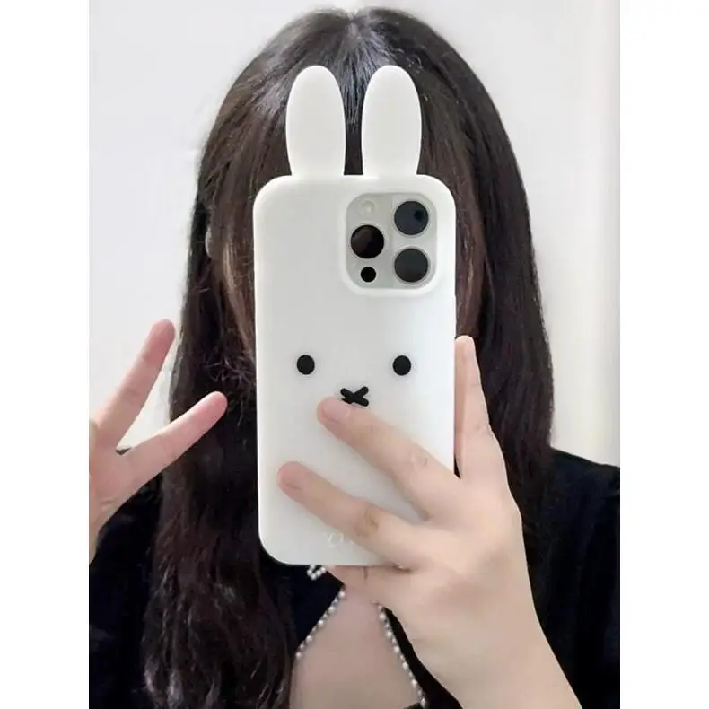 3D Stereoscopic Kawaii Cute Cartoon Miffy Rabbit Phone Case For iPhone 17 16 15 14 13 Pro Max Cases Soft Silicone Back Cover view 4