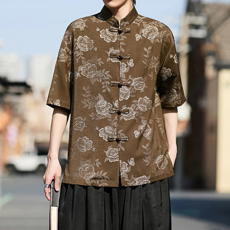 

Мужская повседневная рубашка в китайском стиле, новинка 2026 года, летняя, винтажная, с воротником-стойкой, в стиле Тан, свободного кроя, с коротким рукавом, N120