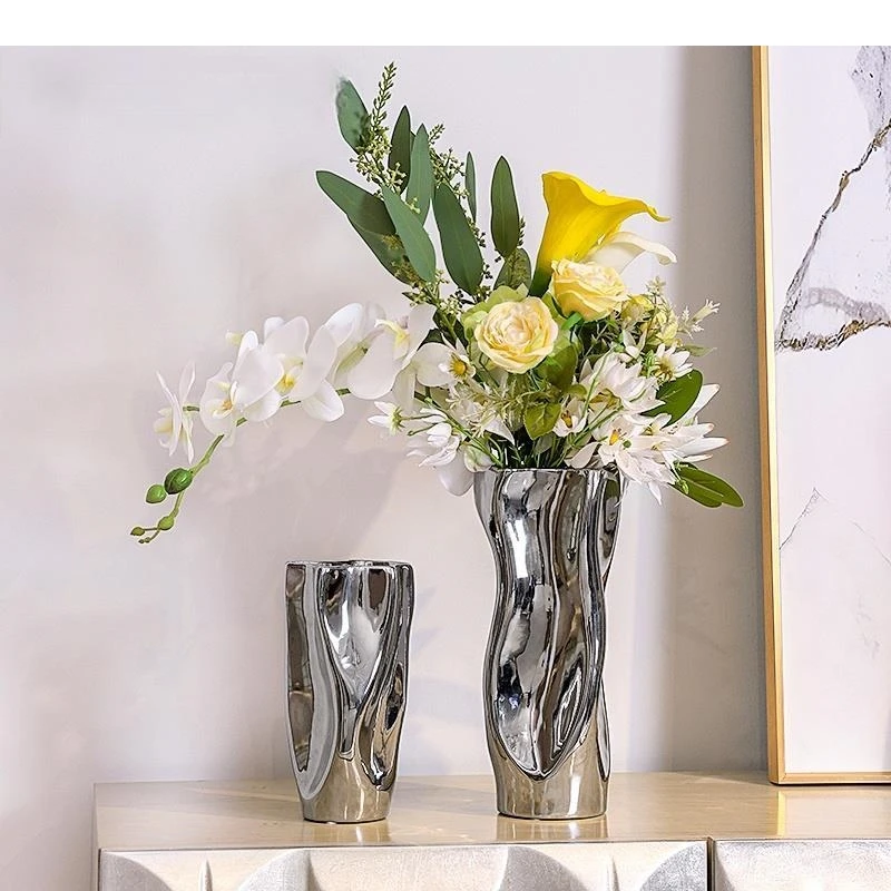Modern Abstract Curved Vase Flower Arrangement Dried Table Decoration Electroplating Ceramic Silver Home