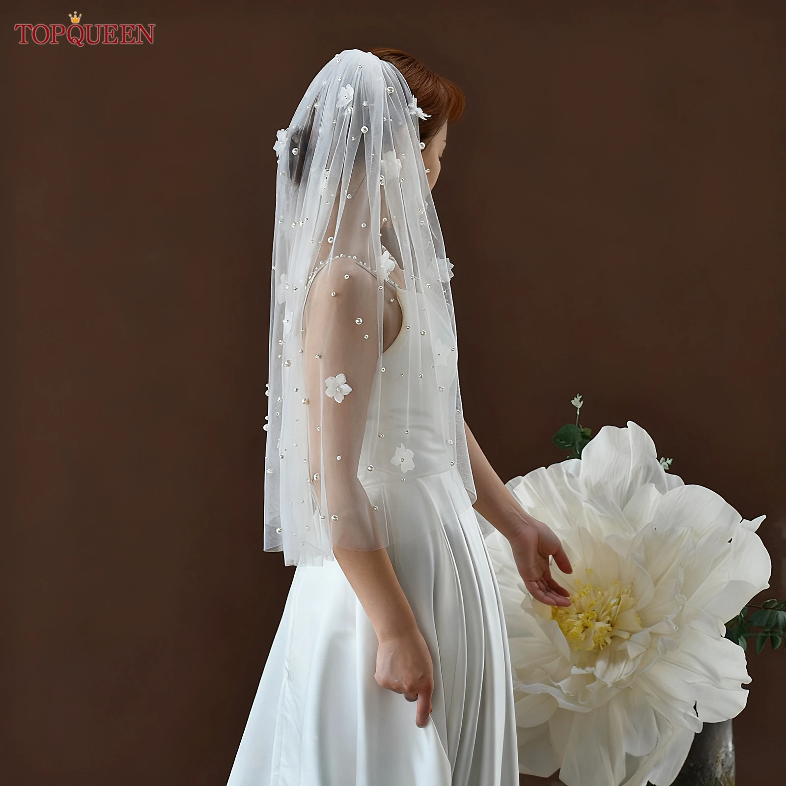 

TOPQUEEN M150 Белый 3d цветок Velo De Novia Свадебная фата Свадебная фата с разбросанным жемчугом Voile De Mariée Свадебный реквизит Настраиваемый