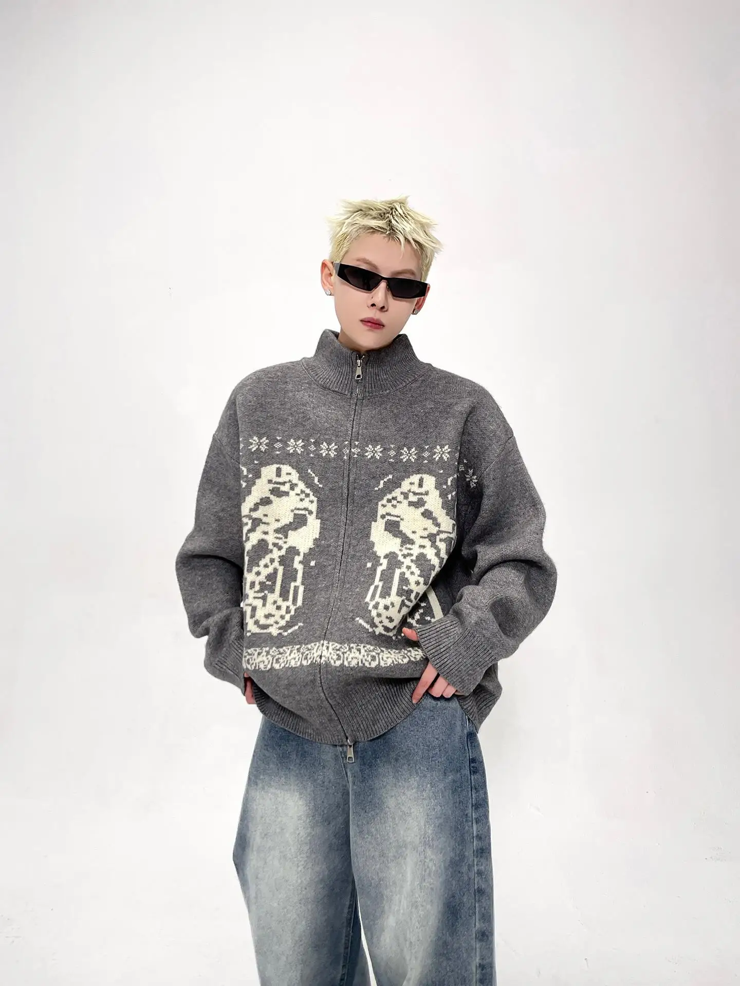 

Тяжелый осенне-зимний трикотаж с высокой талией на молнии, американский двуглавый свитер для мужчин и женщин, связанный с ...