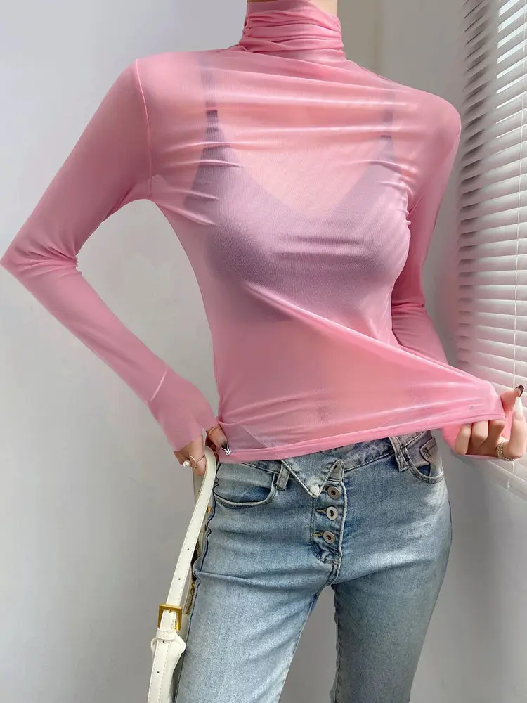 Women Y2K Pile Collar Base Shirt Silky Mesh Thin Transparent Soft Layered Inner Top