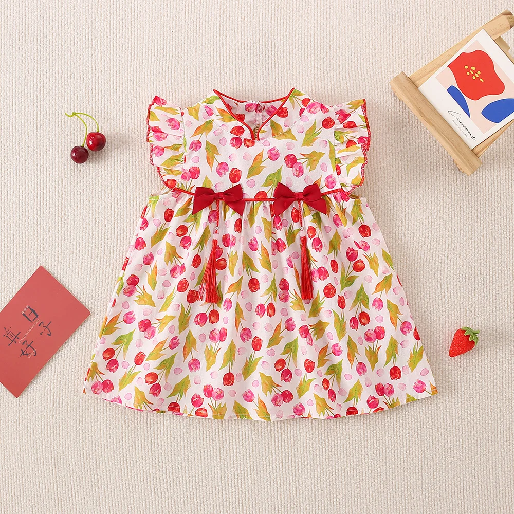 Summer New Baby Dress Chinese Style Small Flying Sleeve Fringe Bow Tulip Print Sweet Princess Dress Birthday Party Dress