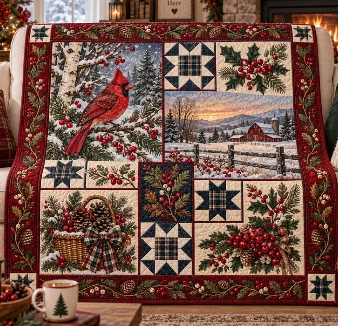 Cardinal Quilted Blanket, Winter Farmhouse Throw, Christmas Patchwork Quilt, Rustic Holiday Decor Cozy Sofa Throw Gift Grandma