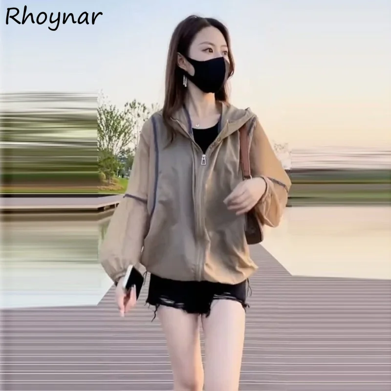 

Базовые женские куртки, горячая распродажа, универсальные летние тонкие с капюшоном, защита от солнца, Ulzzang, модный простой корейский стиль, новый дизайн для отдыха