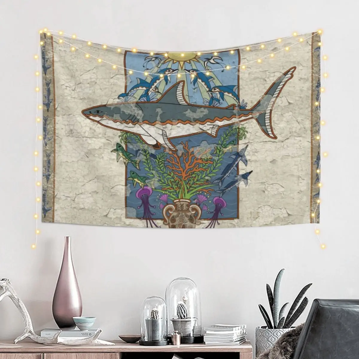 Great White Guardian - Minoan Fresco Tapestry Outdoor Decor Room Design Wall Mural Tapestry