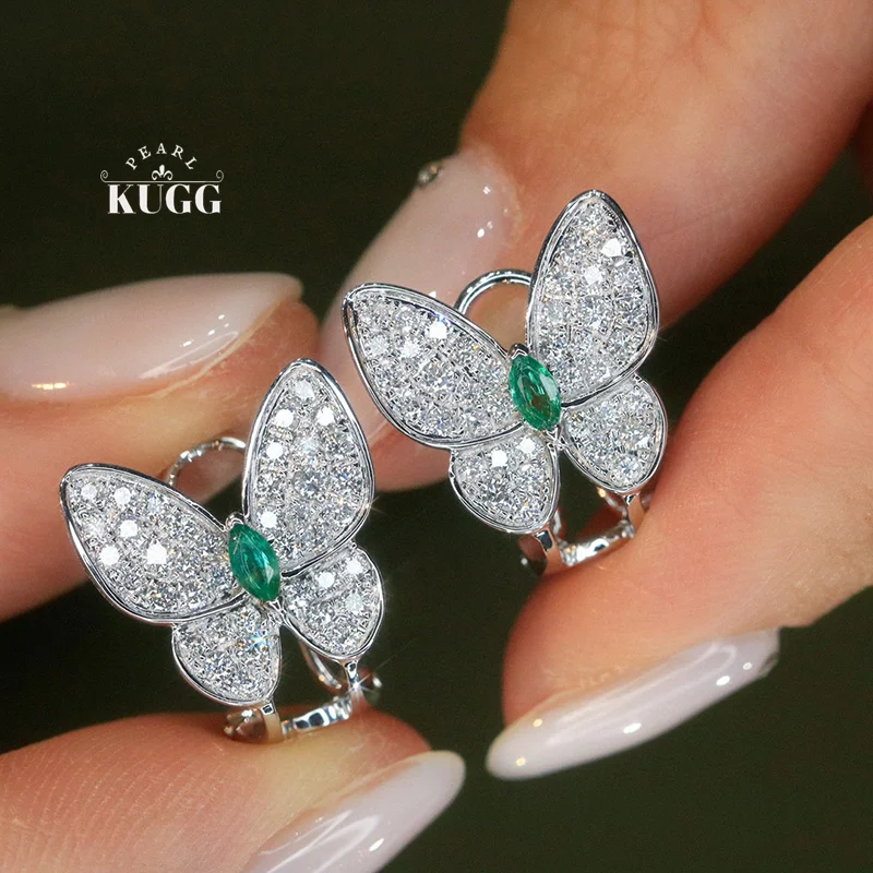 KUGG 100% 18K White Gold Earrings Luxury Butterfly Shape Natural Diamond Natural Emerald Earrings for Women High Party Jewelry