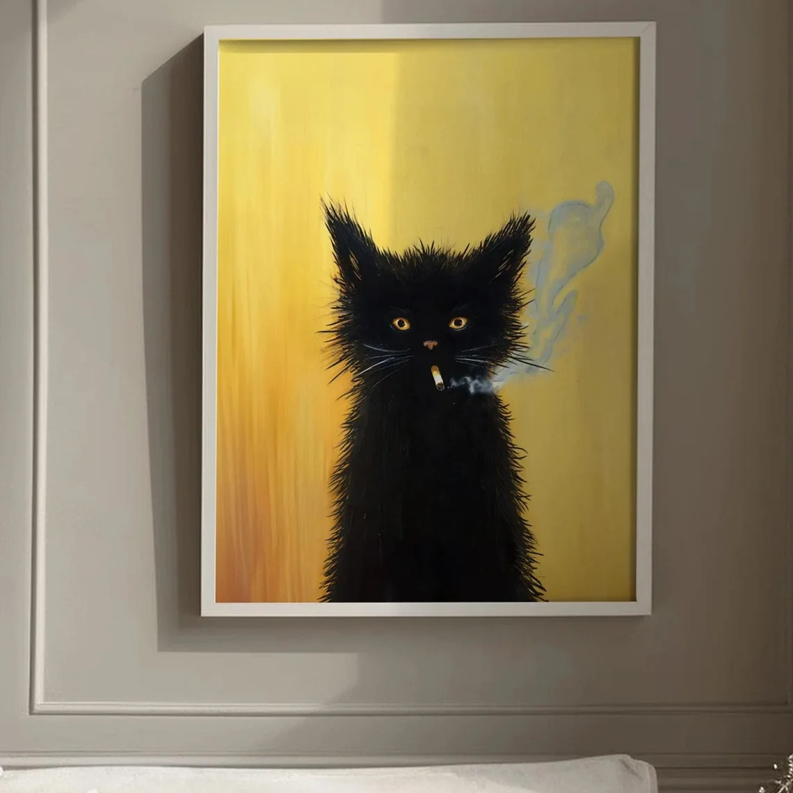 1pc, Wall Art, Vintage Poster, Smoking Black Cat Abstract Art Print, Victorian Kitsch Weird Canvas Painting, Living Room Deco