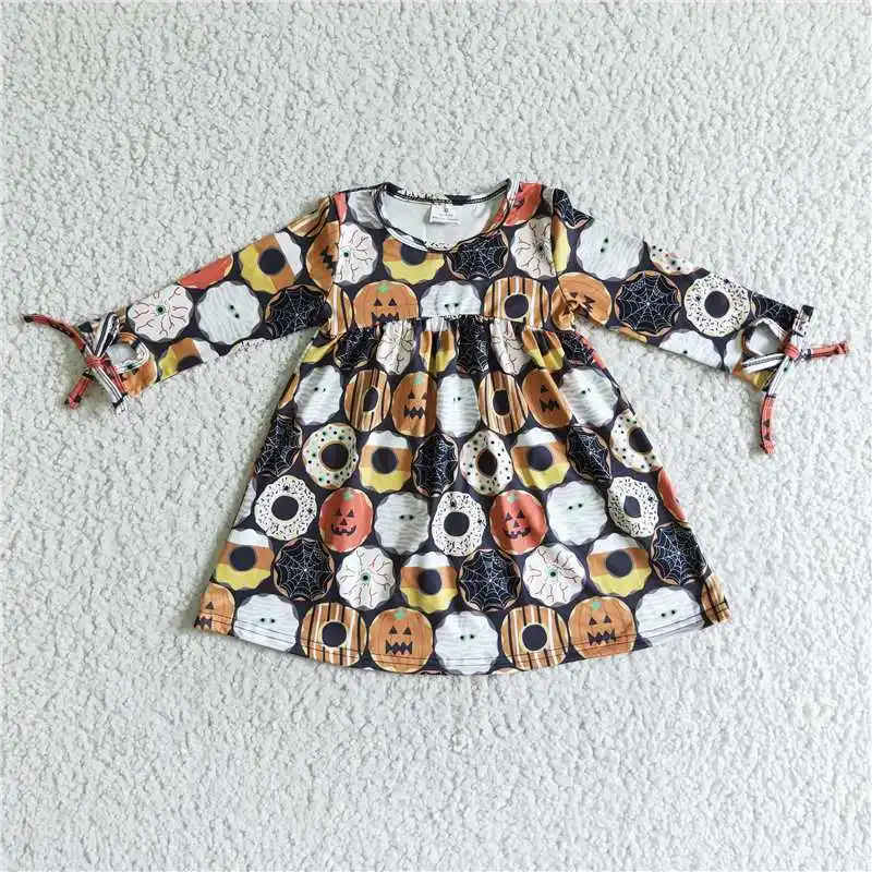 RTS New Arrivals Black Pumpkin Print Wholesale Clothing Kids Short Sleeve Dress Baby Kids Print Dress Children Daily Wearing