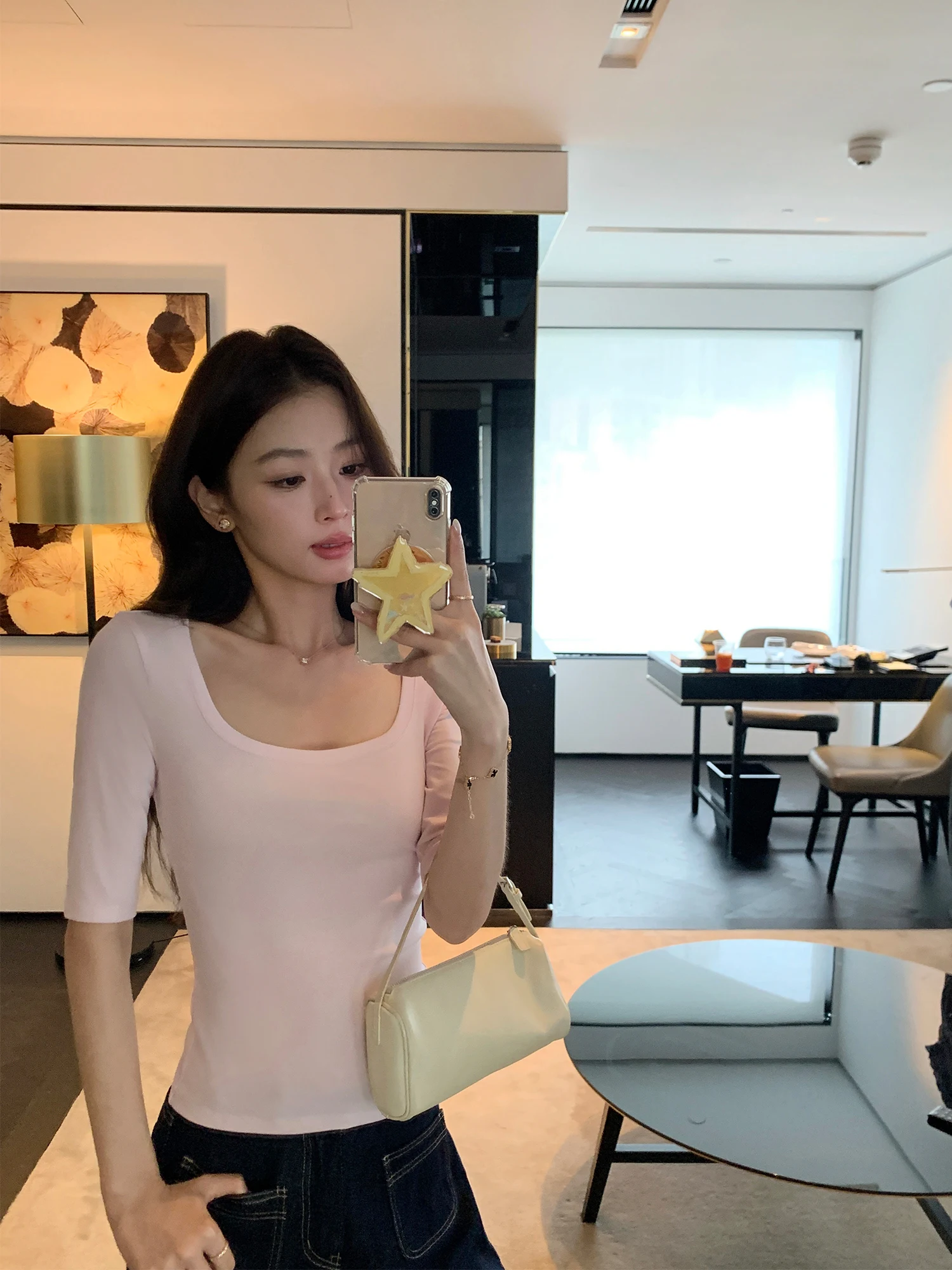 Pusumede Casual Style Ruched Shoulder Mid-Sleeve U-Neck T-Shirt Women's Slim Fit Five-Button Upper Body Lenzing Lyocell Fabric