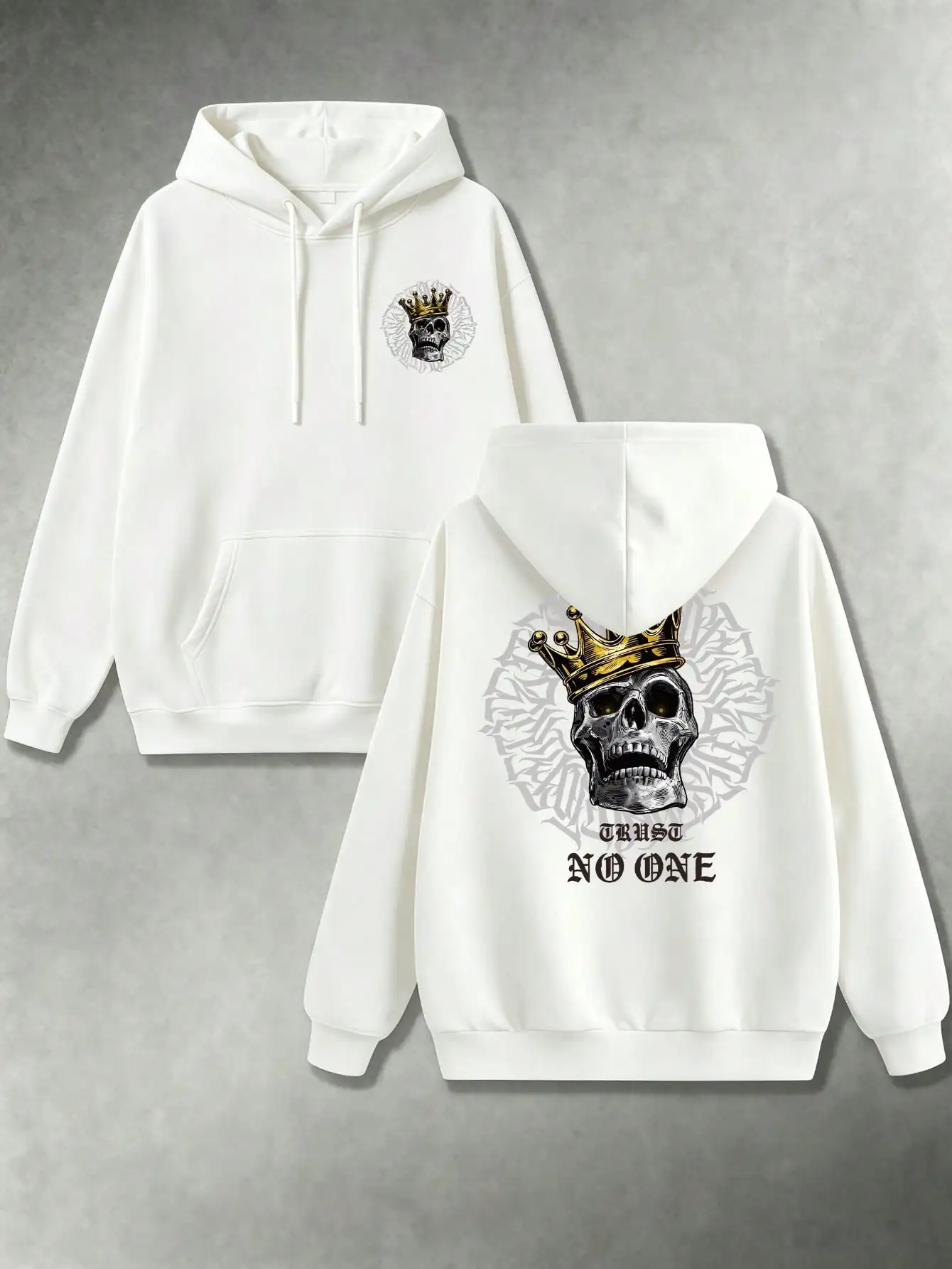 Men's Y2K Vintage Hoodie Double Sided Print Spooky Halloween Crowned King Skull Trust No One Gothic Pullover Sweatshirt Hip Hop Streetwear Daily Style