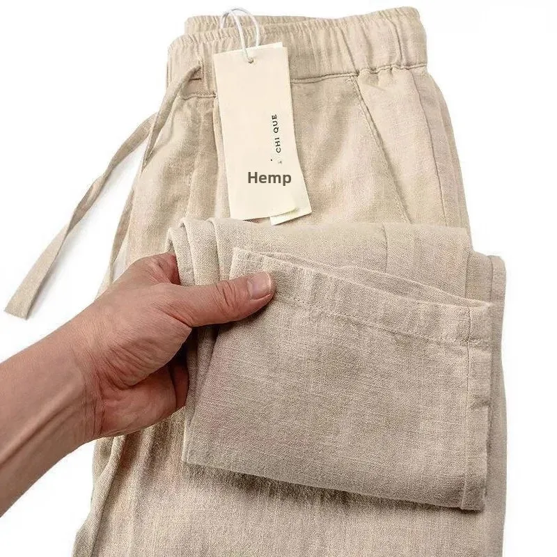 Pantalones informales de lino y algodón para hombre, pierna recta, holgados, con cintura elástica fina, estilo chino blanco, ligeros, para verano
