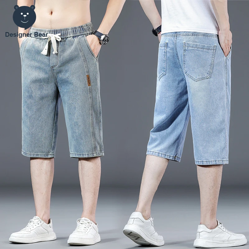 Summer Thin Men's Knee Length Denim Shorts Baggy Straight Work Calf-Length Casual Jorts 3/4 Jeans Shorts for Men Plus Size 5XL
