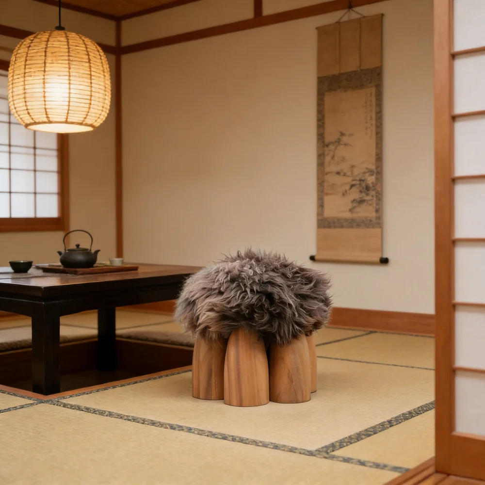 

%J Modern | Solid Wood Base Round Lamb Wool Fur Footstool Small Tufted Pouffe for Living Room Bedroom Home Decor