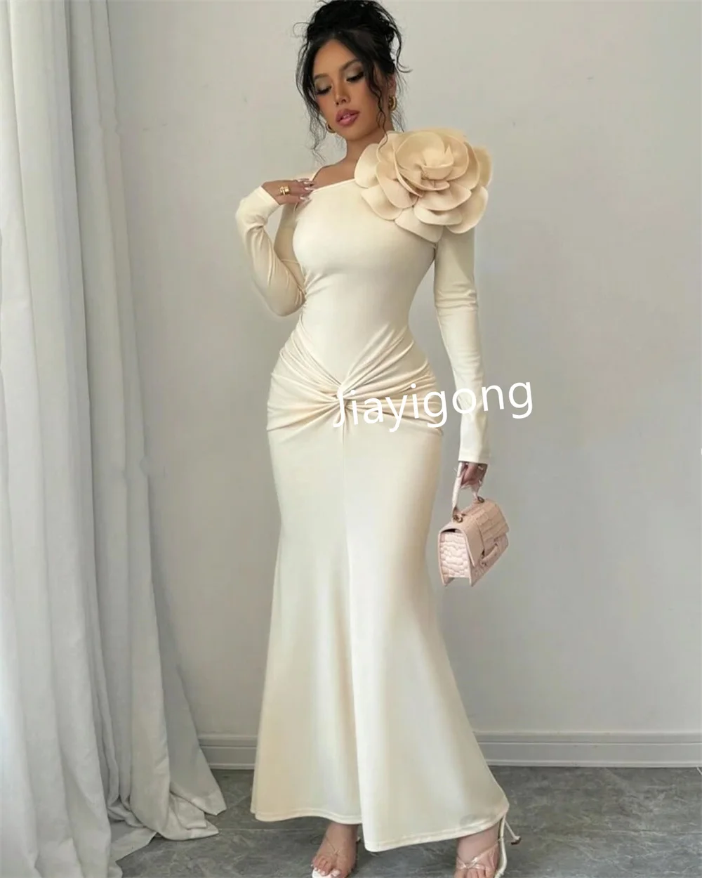 Customized Simple Jersey Pleat Flower Column Square Neck Midi Dresses Bespoke Occasion Dresses Customized Sizes Available