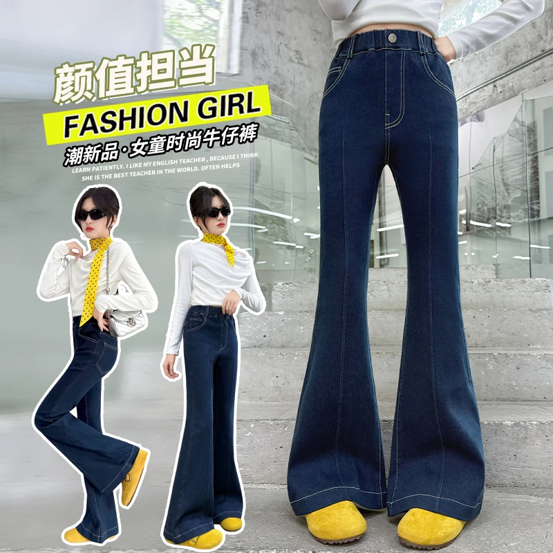 

Baby Girl Denim Bell Bottom Pocket Pants Spring Autumn Denim Pants Kids Children Boot Cut Trousers for Students Ages 4-14 Years