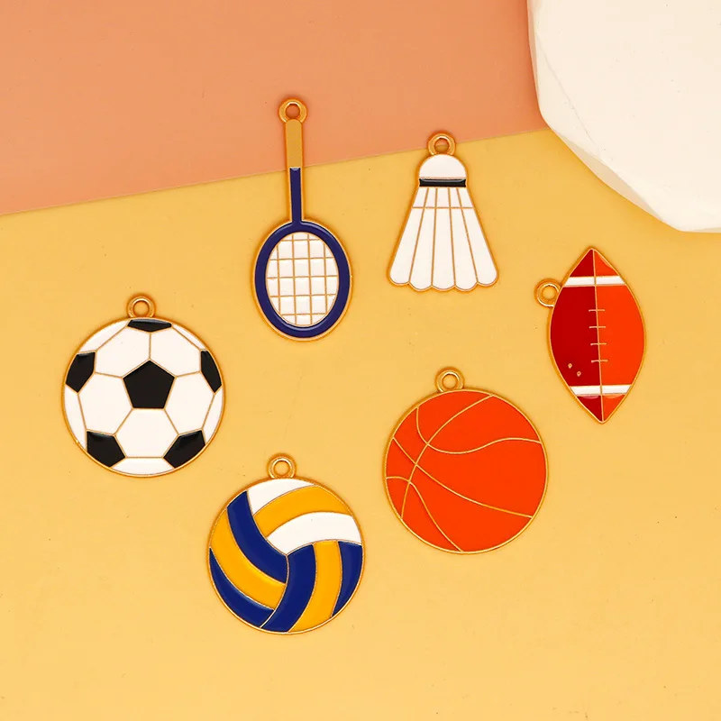 10pcs Sports Theme Enamel Charm Set Badminton Racket Shuttlecock Soccer Volleyball Basketball Football Pendants DIY Accessory