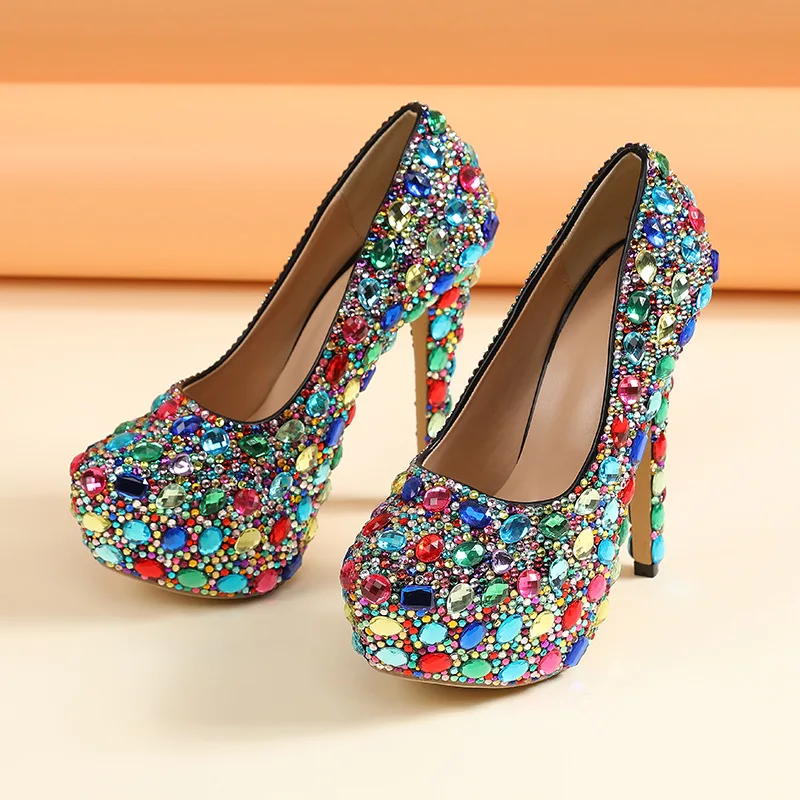 Sexy Super High Ethnic Pumps Mixed Colors Platform Wedding PU 14CM Thin Heels Multicolour Rhinestone  Pole Dancing Woman Shoes