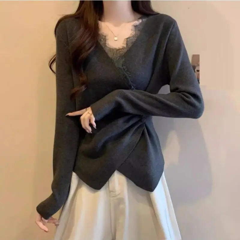 

Woman V-Neck Cross Lace Edge Base Layer Girl Fashion Sexy Long Sleeved Shirt Versatile Spring Autumn Keep Warm Clothes Outside