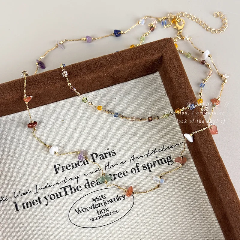 Necklace Colorful Stone Gold Flakes Thin Chain Beaded Layered Spring Summer Delicate Bohemian Collarbone Jewelry Women