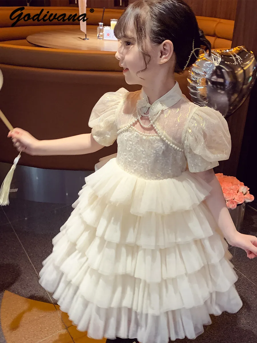 Girls Sweet Mesh Puffy Cake Princess Dress Summer New 2026 Fashion Little Girl Puff Sleeve Lace Embroidery Back Bow Sequin Gown