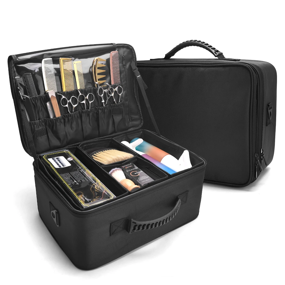 

Professional Salon Barber Tools Box Makeup Train Case Cosmetic Bag Brush Organizer And Storage Travel Box With Adjustable Strap