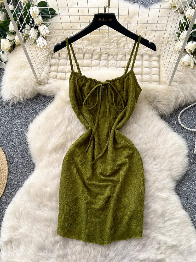 

Французское ретро-платье-слип из зеленого жаккарда для женщин, летнее, с завязками, приталенное, А-силуэт, повседневное, для отпуска, шикарное женское платье