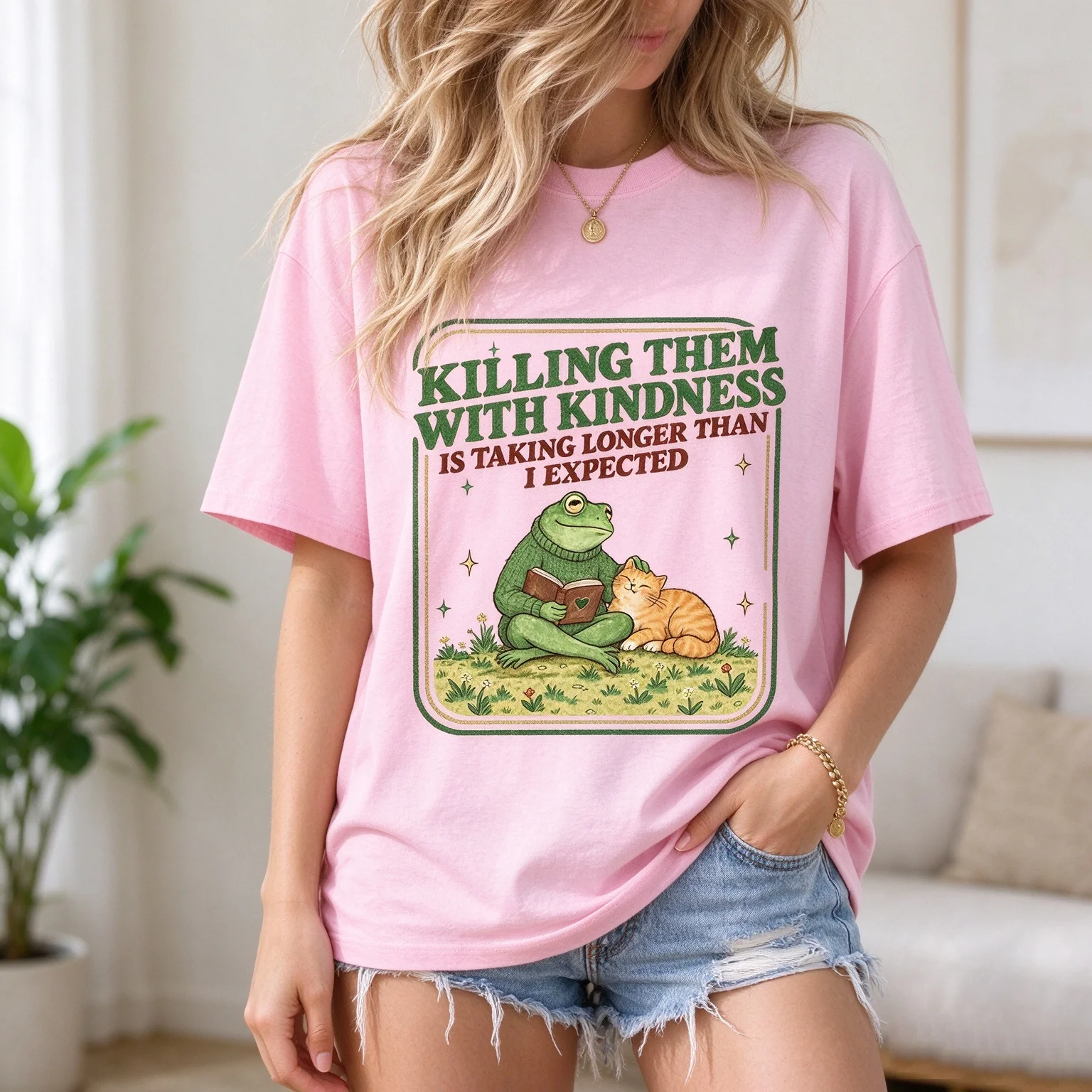 Women Funny Frog And Cat Graphic T Shirt Killing Them With Kindness Vintage Print Short Sleeve Casual Tee Top