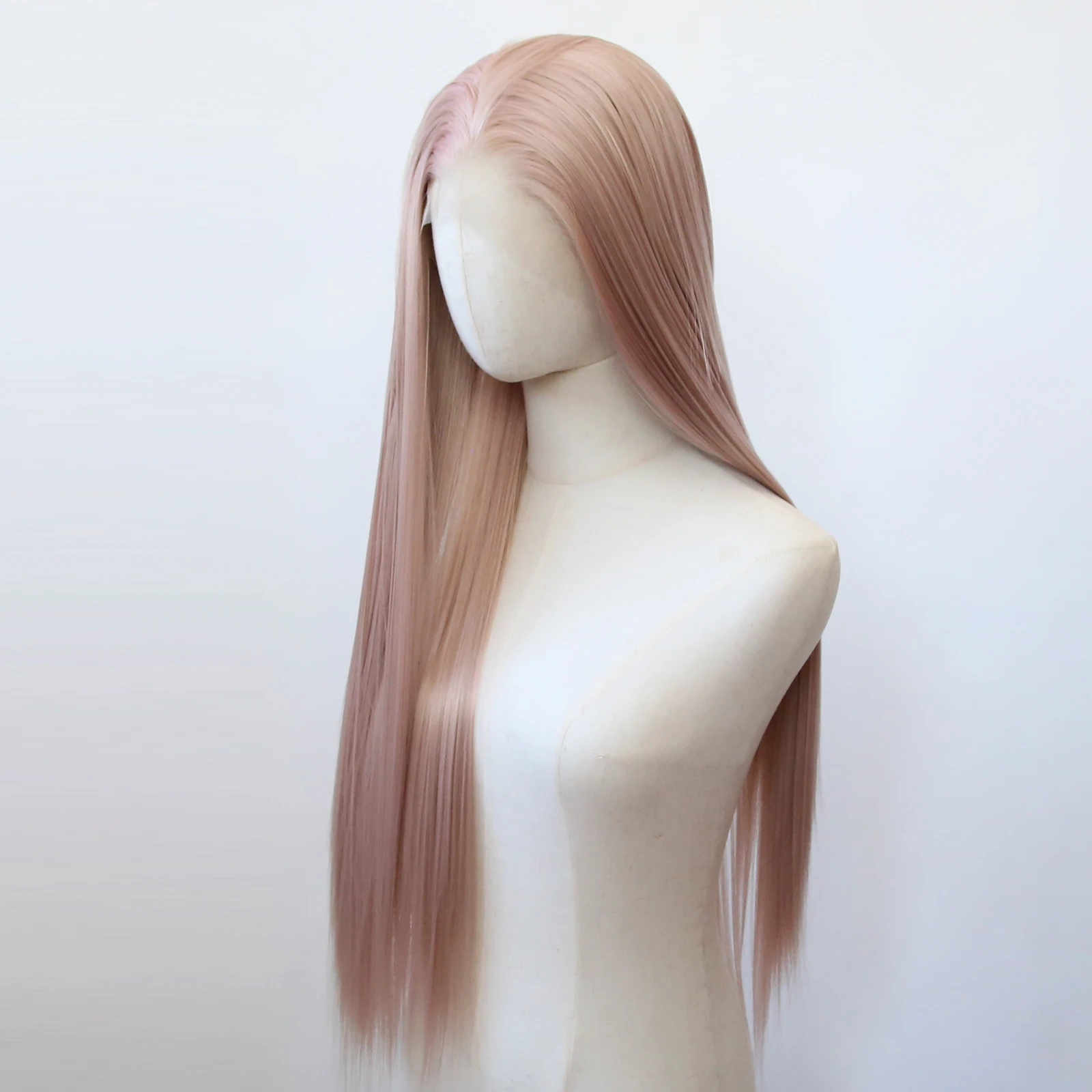 Perruque Lace Front Wig Synthétique Longue et Lisse, Couleur Rose, Blonde, Marron, Pre-Plucked, Naissance des Cheveux Naturelle