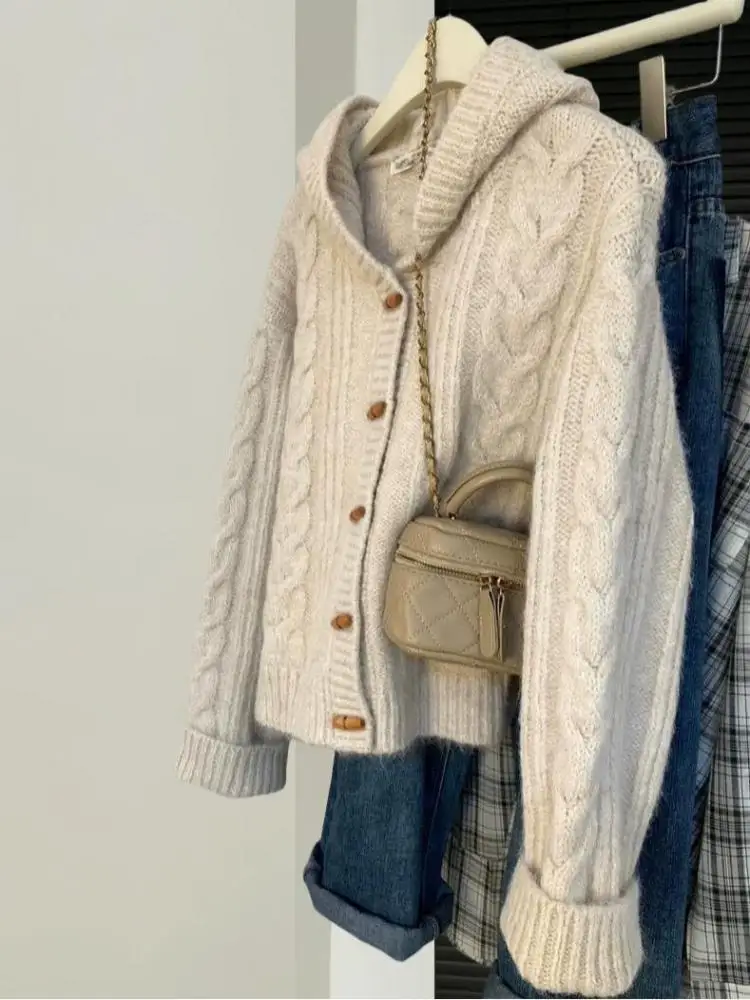 

Korean Version Beige Single Breasted Hoodie Sweater For Women Autumn Winter Brown Thick Long Sleeved Loose Knitted Cardigans Top