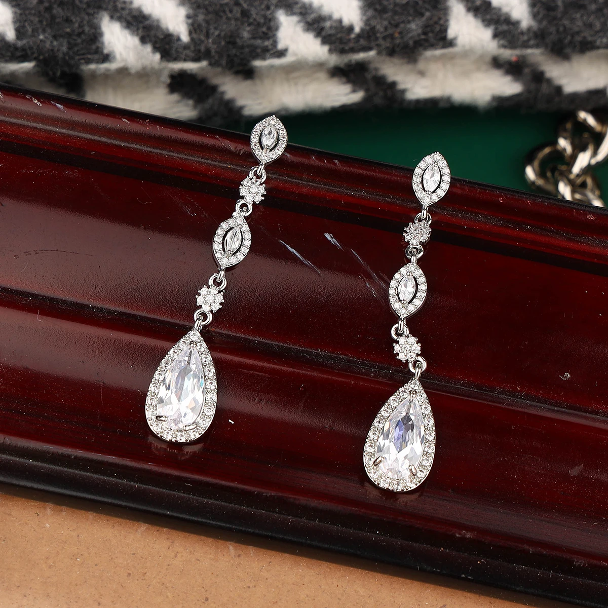 Women's Teardrop Earrings - Bridal oval draping earrings, delicate cubic zirconia jewelry for women