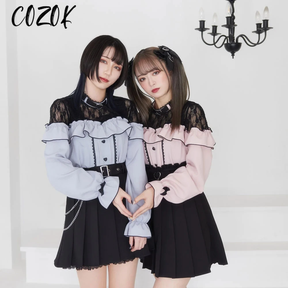 Autunno nuove camicie giapponesi carino Lolita dolce pizzo splicing fiocco amore fungo bordo camicetta a maniche lunghe ragazze che toccano la camicia Camisas