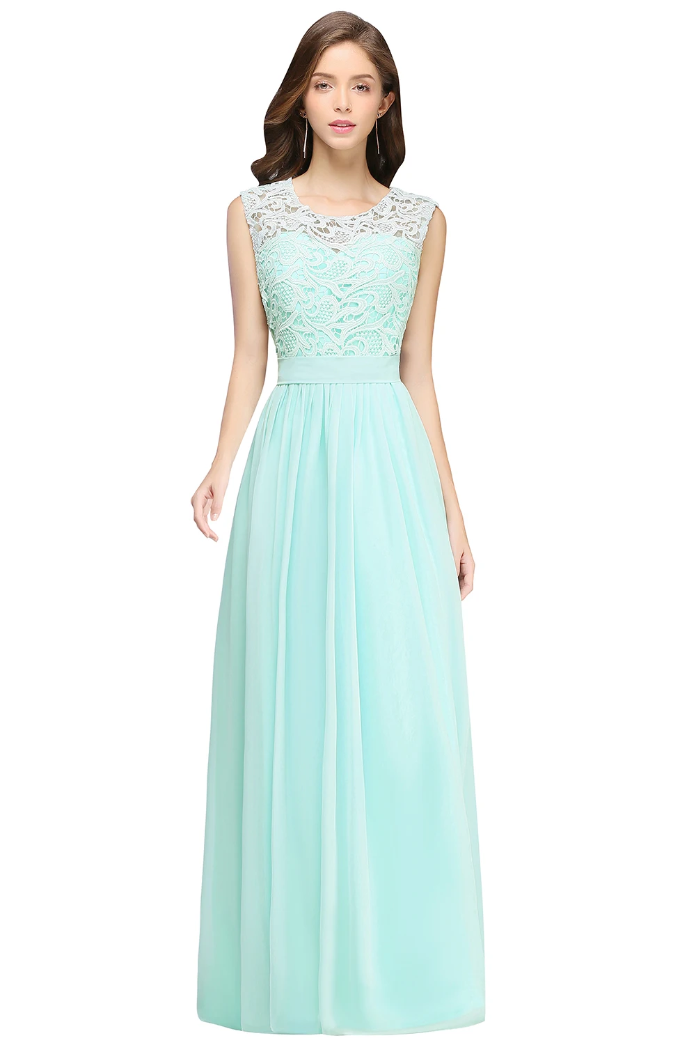 Elegant Mint Green A-Line Scoop Neckline Floor-Length Lace Sleeveless Chiffon Wedding Party Dress Women Zipper Up Bow Hollow Out