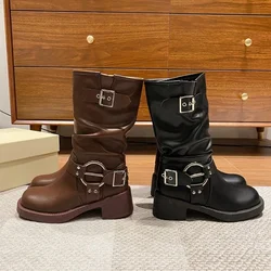 Fashion Buckle Motorcycle Boots Women Round Toe Med Heels Ankle Boots Woman 2024 Pu Leather Square Heel Autumn Platform Shoes