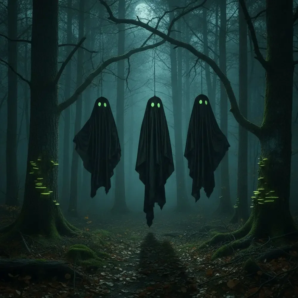 Ceiling Prop With String Hanging Ghost Black Fabric Flowy Glow Pendant Lightweight Glow Eyes Flying Spooky Adults