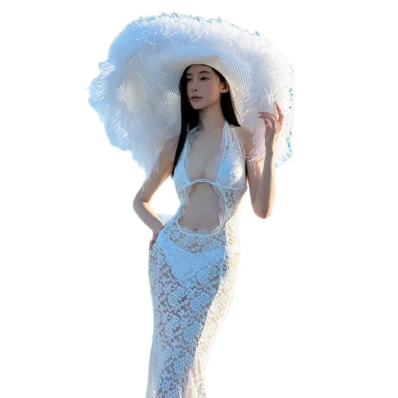 sexy white flower lace hollow out bikinis sets 3pcs halter swimsuits with long dresses swimwear beach outfits sweet biquini