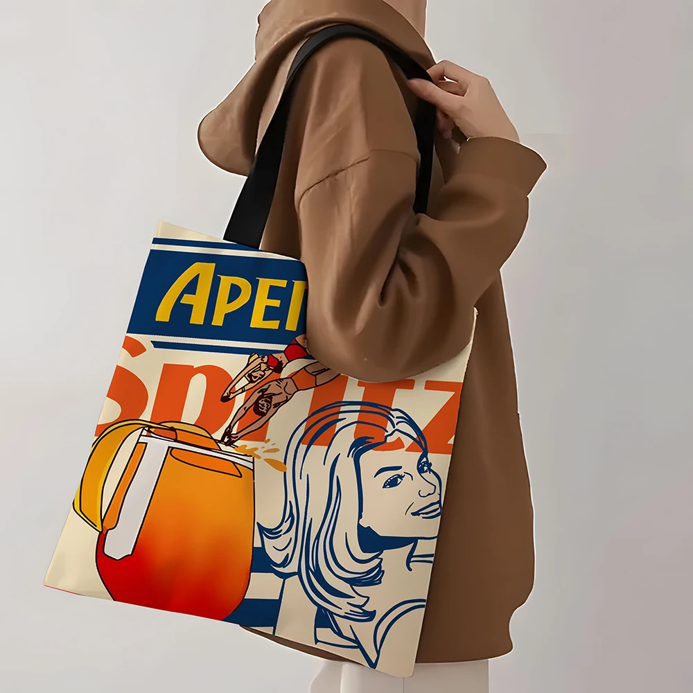 1pc Aperol Spritz Art Print Tote Bag Reusable Fabric Grocery Foldable Shopping Bag Canvas 40x38cm