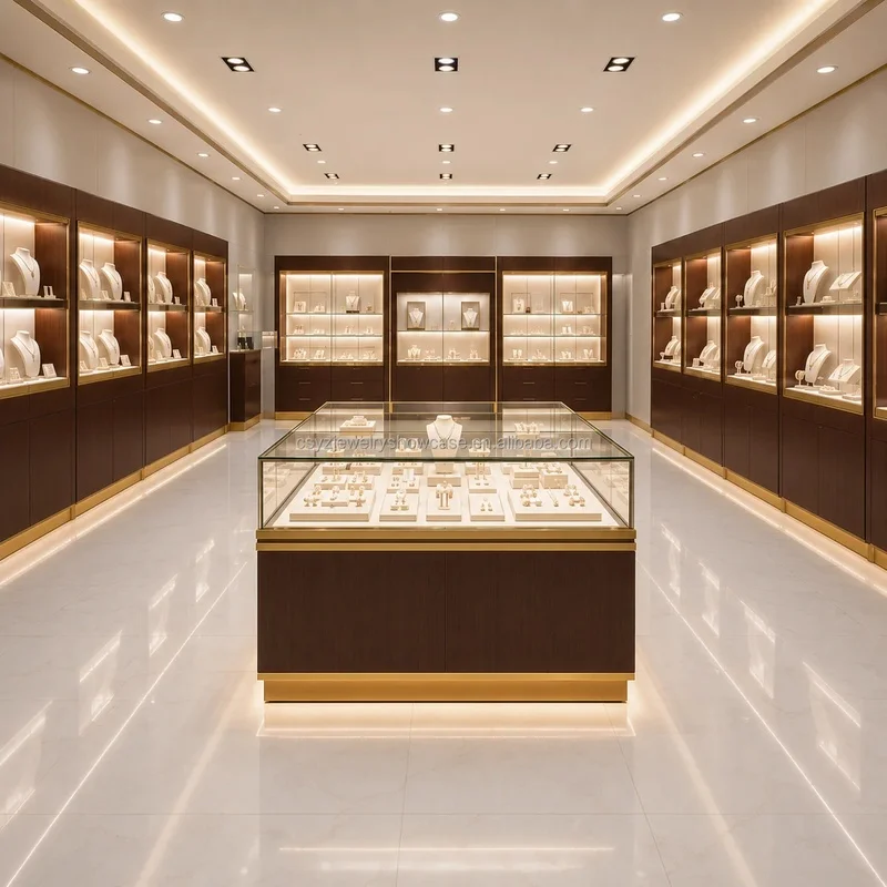 custom.Luxury Gold Trim Dark Wood Jewelry Display Counter LED Eco-Friendly Glass Jewellery Showcases Retail Shop Inter