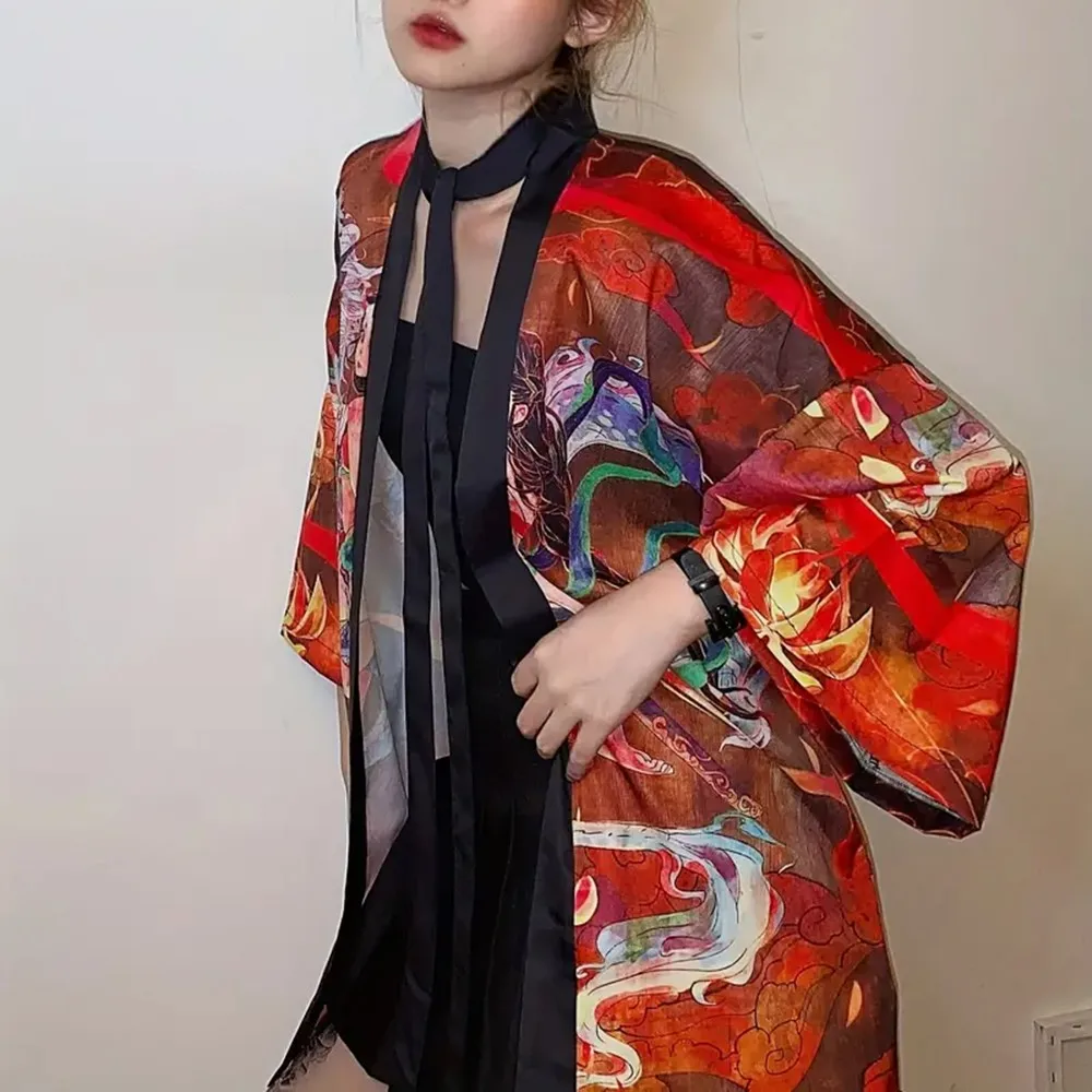 Kimono con estampado tradicional japonés Mori para mujer, cárdigan de playa, vacaciones, protección solar, artículo de moda de viaje de verano