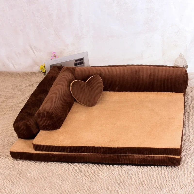 L Shape Dog Bed Sofa with Heart Pillow Removable Cover Waterproof Soft Sleeping Cushion Big Cat Cushion Puppy Mat Pet Supplies