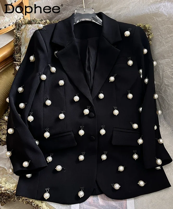 Temperament Big Pearl Black Suit Jacket Female 2024 Autumn and Winter New French Style Party Coat Women Blazers and Jackets