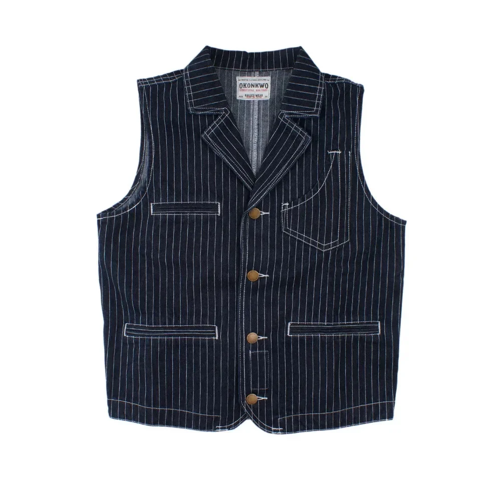 Retro New Striped Denim Vest Men Lapel Bodycon Multi-pocket Tooling Casual Fashion Streetwear Hunting Cardigan Four Seasons