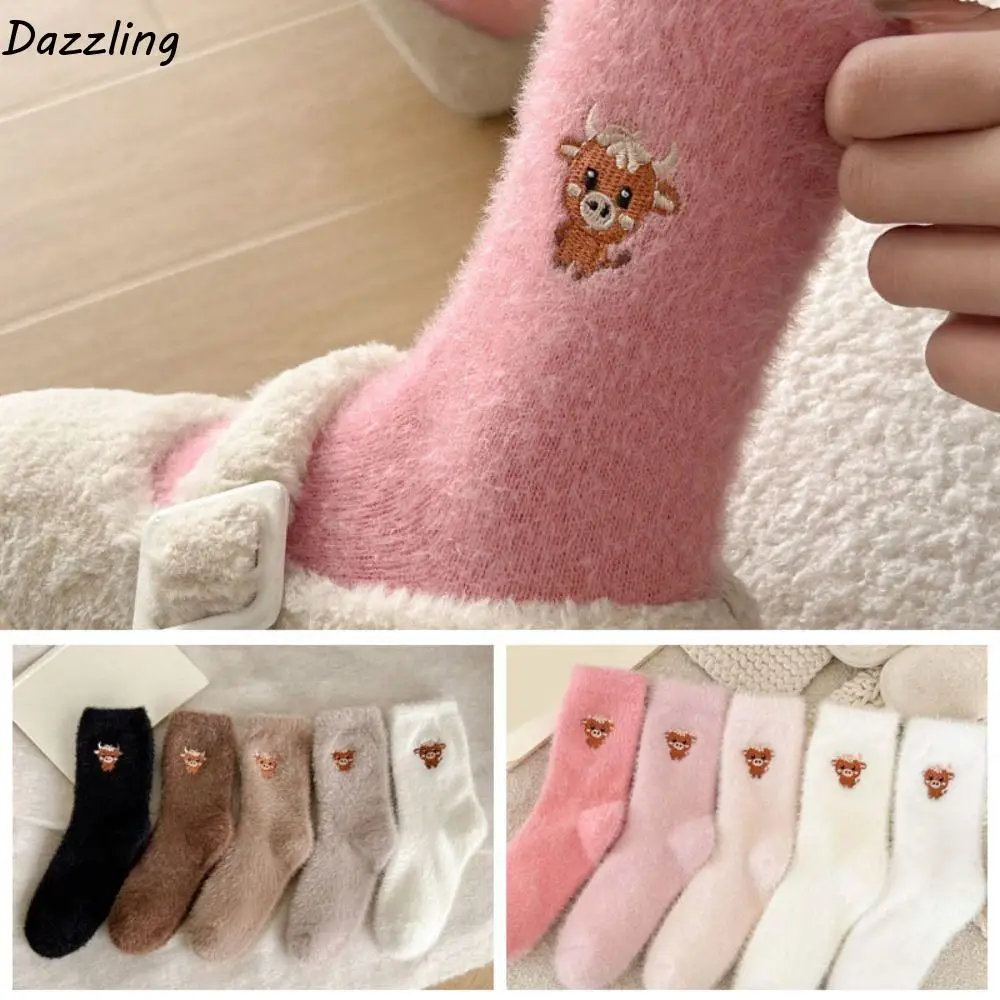 

5Pairs Embroidery Cow Winter Fluffy Socks Cartoon Cattle Mid Tube Thicken Warm Socks Sweet Ladies Hosiery Plush Floor Socks Soft