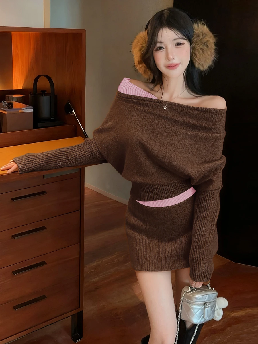 Korean Style off Shoulder Knitted Sweater High Waist Bodycon  Skirt Color Block Casual Fashion Two Piece Set for Women