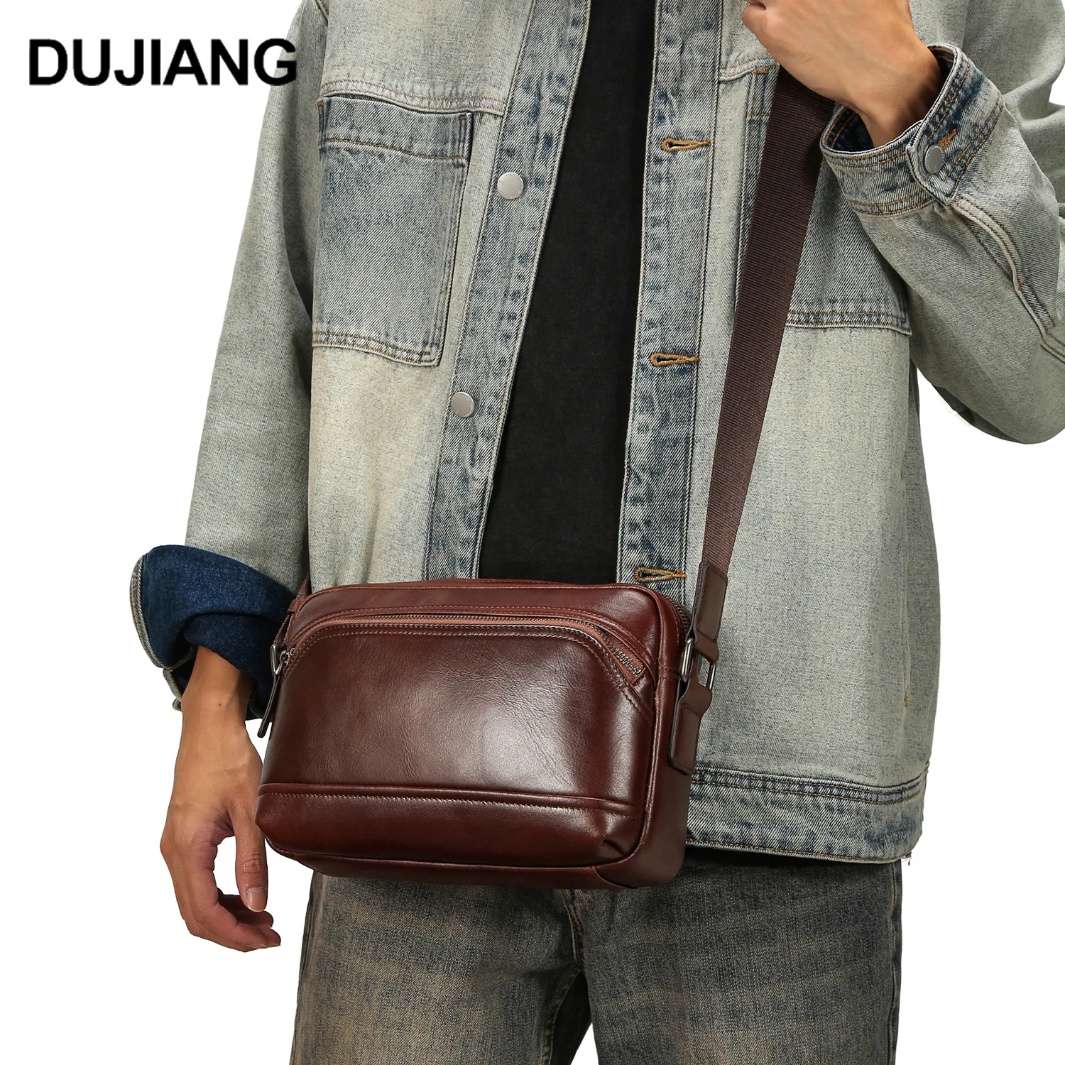 Men's genuine leather square multi-pocket single-shoulder bag, lightweight and multi-functional travel crossbody bag