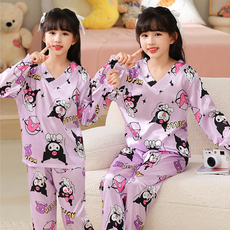 Sanurgente-Pyjama à manches longues pour filles, vêtements de maison pour filles, dessin animé mignon Kuromi, cadeau de vêtements de glace, printemps et automne, nouveau