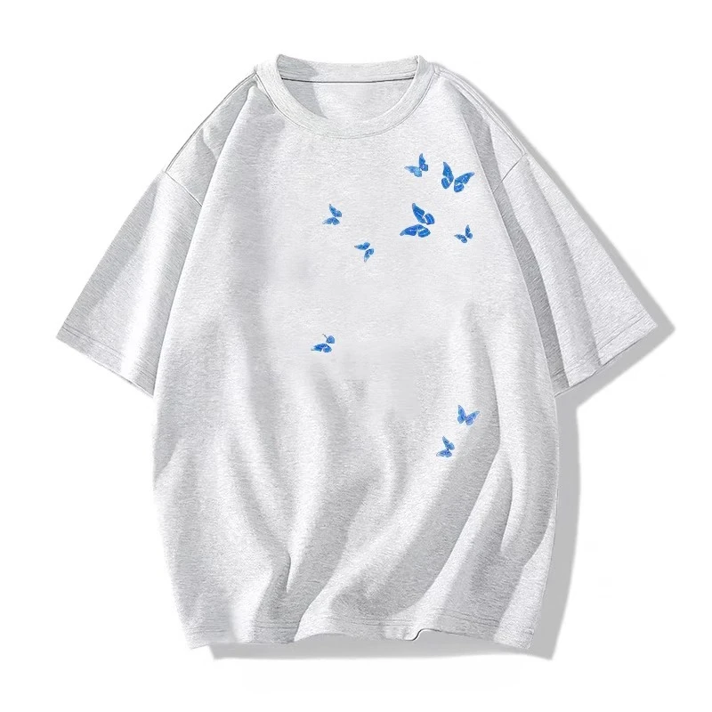 Stylish Butterfly Print Short-sleeve T-shirts Women's 2025 Summer New Fashion Loose Comfort T-shirt Women's Round Neck Nice Tops